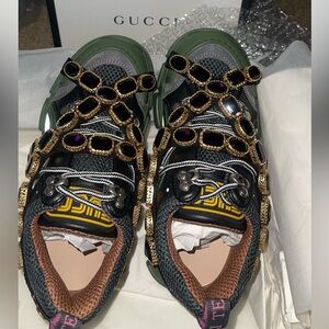Gucci NEW Green and Black Sneakers with Gold Jewel Embellishments